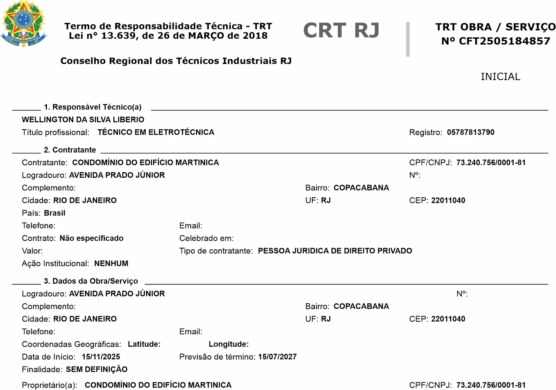TRT da obra do Condomínio Martinica